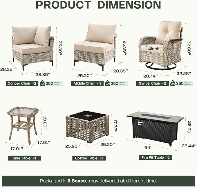 11 Piece Patio Furniture Set Outdoor Sectional with 54" Fire Pit Table, Wicker Swivel Rocking Chairs and L-Shaped Rattan Couch, Modular Conversation Set with Solar Coffee Table for Backyard, Beige