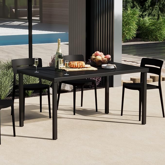 Costaelm Outdoor Dining Table for 6, Rectangular Metal Patio Table, 6-Person Weather Resistant Steel Slat Table for Lawn Garden Backyard, Black