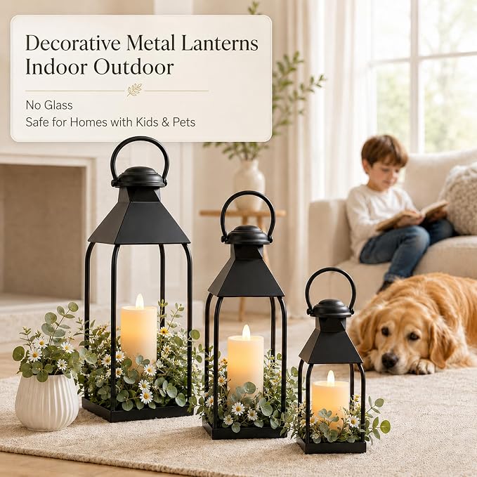 Decorative Metal Lanterns Indoor Outdoor, Lanterns Decorative Outdoor | 3Pcs Candle Holder for Front Porch, Fireplace, Patio, Entryway, Wedding & Christmas, Party Decoration, Table Centerpiece