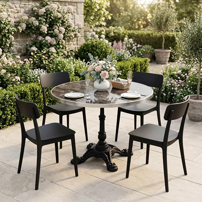 31.5 Inch Round Outdoor Patio Dining Table, Sintered Stone Bistro Table with Cast Iron Pedestal Base for Balcony Garden Poolside Cafe, Seats 2 to 4, Charcoal Marble