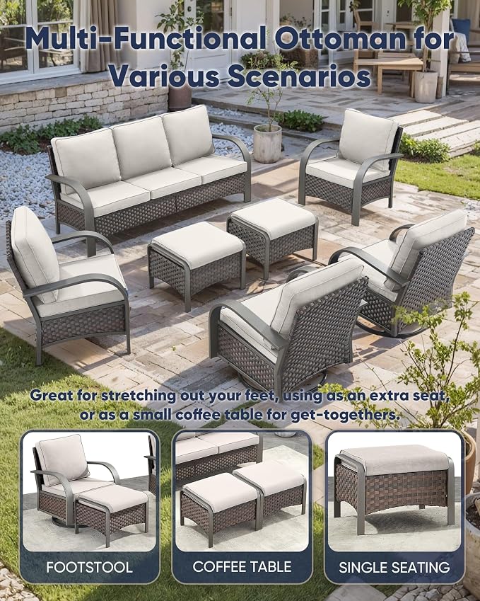 HUMMUH Outdoor Wicker Chairs Set of 2-All Weather Rattan Wicker Patio Chairs with Ottoman Small Outdoor Furniture Set for Deck Porch Garden Poolside Backyard-Brown/Beige