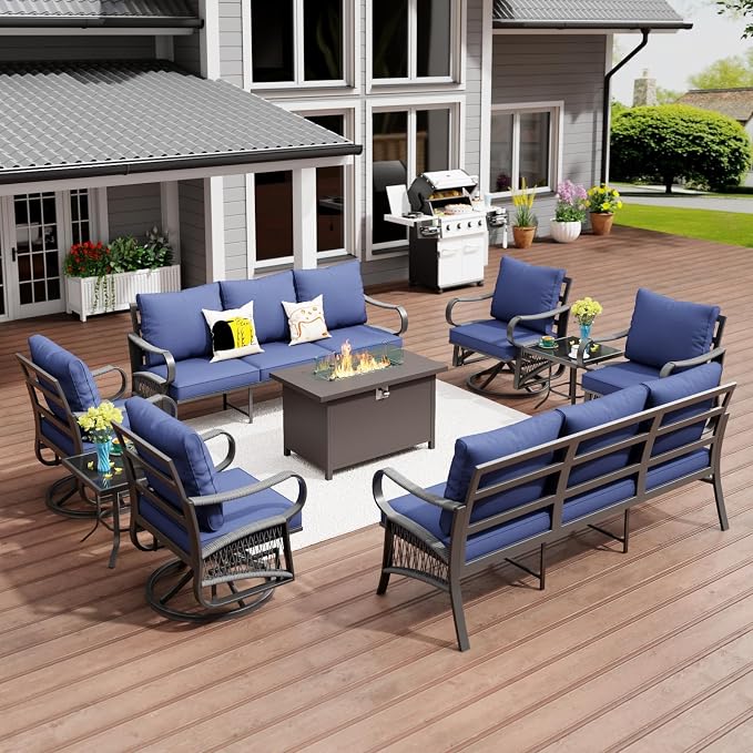9 Piece Patio Furniture Set, 4 Single Swivel Chairs, Rope Braided Exposed with Thick Cushions, Outdoor All Weather Patio Conversation Sectional Sofa Set for Garden, Porch, Lawn, Blue