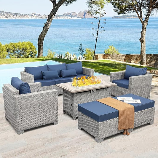 6-Piece Wicker Outdoor Patio Furniture Set with PE Rattan Sectional Sofa, Conversation Set and Fire Pit Table for Backyard Patio(Blue)