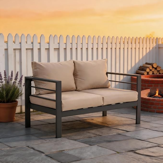 4-Piece All-Weather Metal Patio Furniture Set, Sectional Conversation Sofa w/Coffee Table, Heavy Duty Steel Frame & Washable Cushions for Backyard Garden (Khaki, Loveseat)