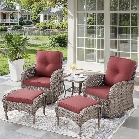 5 Pieces Outdoor Wicker Patio Furniture Set-High Back Outdoor Rocking Chairs Set of 2 with Ottoman Patio Conversation Sets for Deck Lawn Porch Balcony Poolside-Grey/Red