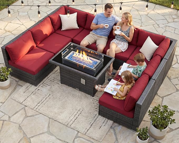 RADIATA 9 Piece Wicker Patio Furniture Set with Fire Pit, All-Weather Outdoor Sectional Couch High Back Large Size, Modular Backyard Seating Sofa Set with Propane/Natural Gas Firepit Table, Grey&Red