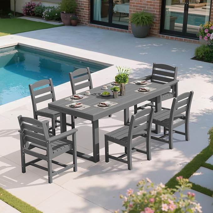 SERWALL HDPE Outdoor Dining Set for 6, 67'' Patio Table and Chairs Set | with Armless Seat