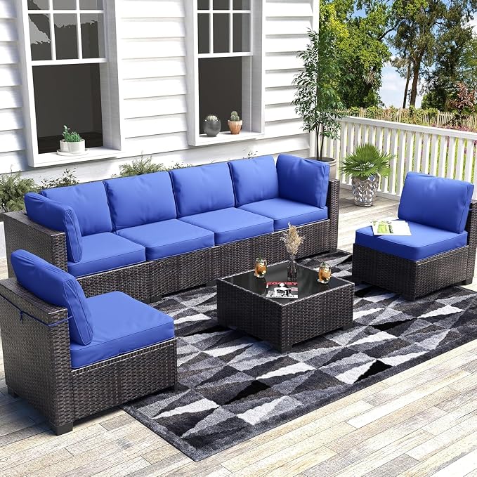7 Piece Patio Furniture Set, Outdoor Modular Wicker Sectional Couch with Tempered Glass Coffee Table, All-Weather Rattan Conversation Set with Washable Cushions for Backyard, Garden, Deck