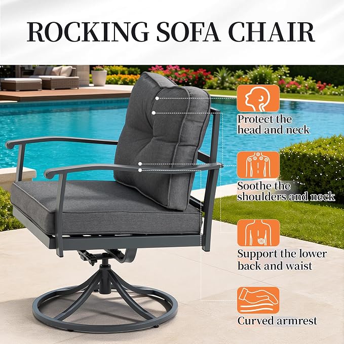 Patio Furniture Set, 8 Pieces Outdoor Metal Conversation Set Sofas with 1 Three-Seater Sofa,1 Loveseat Sofa,2 Swivel Chairs,2 Footstools,1 Side Table,with Cushion
