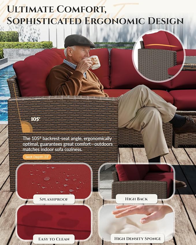 U-MAX 7 Pieces Patio Furniture Set with Waterproof Cover, Outdoor Sectional Sofa Conversation Set, All Weather Wicker Rattan Dining Table & Chair with Ottoman, Brown Rattan&Wine Red Cushion
