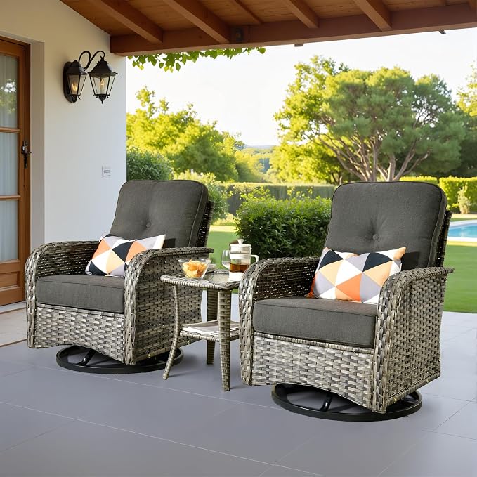 3 Piece Patio Swivel Rocker Chairs Set with Side Table, Black | High Back Deep Seating, All Weather Wicker, Outdoor Glider Chair with Comfy Cushion, Porch Deck Sunroom Balcony Furniture