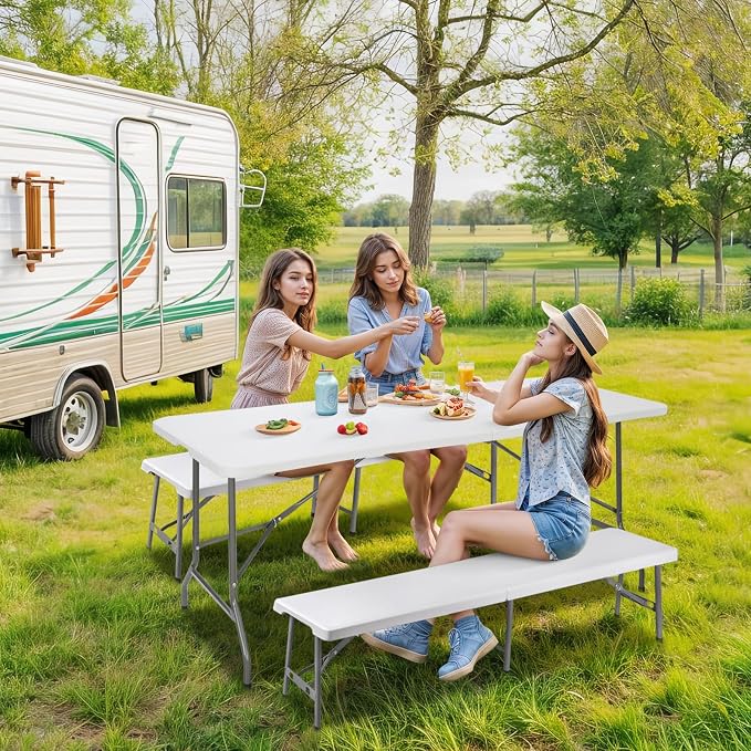 ZENY 6 Feet Picnic Table Set with 2 Benches, 3-Piece Camping Table Chair Set for Dining, Party, Garden, White