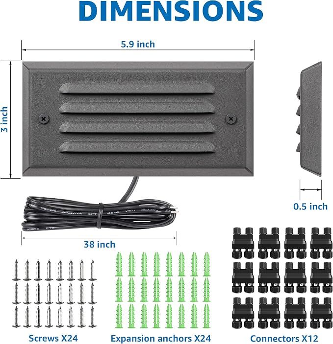 SUNVIE 5W Low Voltage Step Lights 6 Inch Outdoor Aluminum Brown, 12-Pack | Landscape lights, 12-24V AC/DC, 3.2FT ETL Listed Wire, with Fastlock2 Connectors, Horizontal Louver, for Stairs, Step, Fences