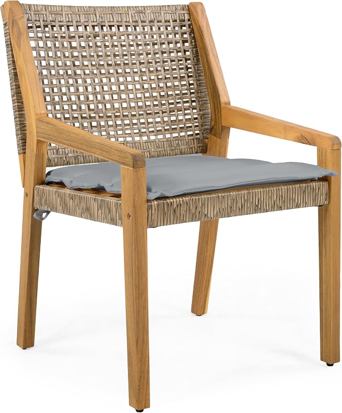 Christopher Knight Home Pelham Wooden Patio Dining Set for 4, Acacia Wood Outdoor Dining Table Set for 4, 5 Piece Outdoor Dining Set with Round Table and Armchair with Seat Cushion, Teak+Grey