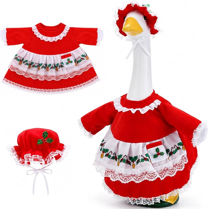 2 Pcs/Set Christmas Mrs. Claus Porch Goose Outfits, Lawn Goose Statue Mrs. Claus Costume, Red Green White Christmas Garden Goose Clothes Dress and Hat for 23" High Statue Xmas Holiday Patio Yard Decor