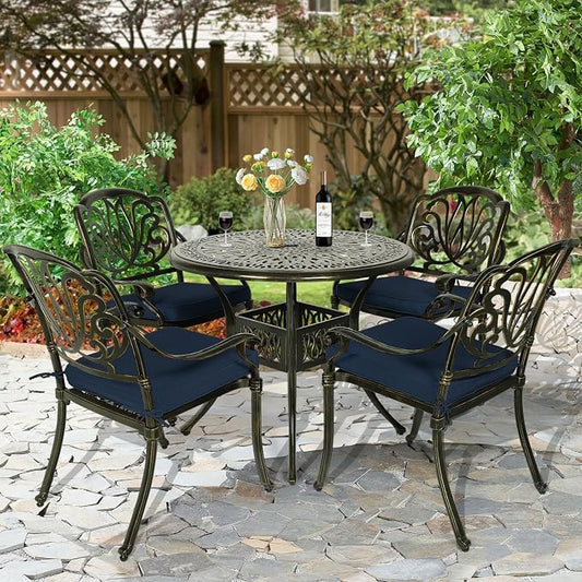 5-Piece Outdoor Patio Dining Set, All-Weather Cast Aluminum Patio Furniture Set for Backyard Garden Deck with 4 Chairs, 4 Cushions and 35.4" Round Table, 2" Umbrella Hole, Navy