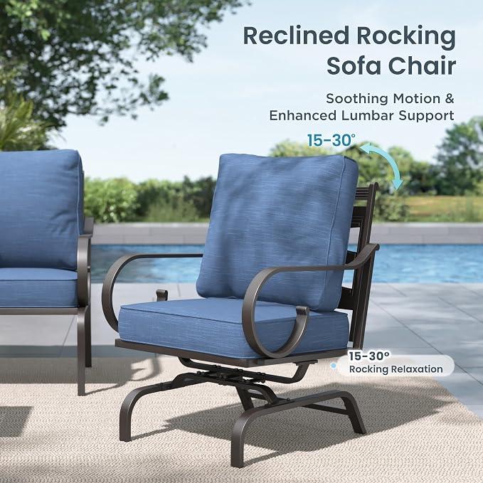 PHI VILLA Patio Furniture Set, 3-Seater Sofa, 2 Rocking Chairs and a Coffee Table, Outdoor Metal Conversation Set with 5.75" Extra Thick Cushion for Garden Backyard Deck, Navy