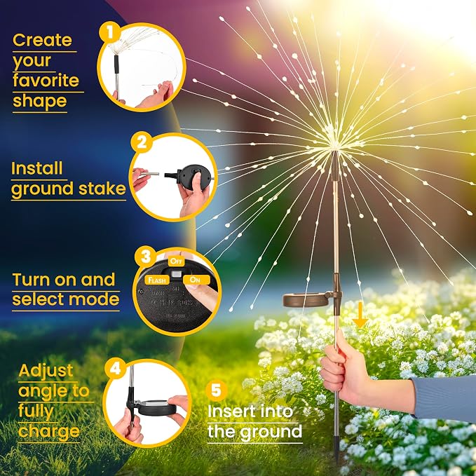 GIGALUMI 8 Pack Solar Firework Lights Outdoor, Garden Decor, Multicolored | 120 LEDs, Fairy Design, Waterproof, Garden Decor, Solar Powered for Yard, Pathway, Flowerbed, Planter, Balcony, Gifts for Mom