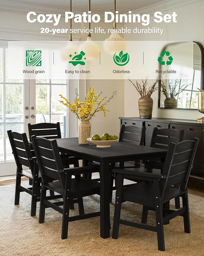 YEFU Patio Dining Sets HIPS: 10-Piece Outdoor Table and Chairs with Umbrella Hole - Modern Outside Furniture Plastic Patio Dining Set for 8 with Metal Aluminum Frame for Family with Deck/Pool Black