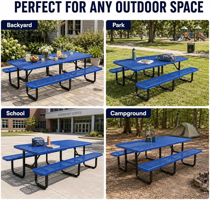 8 FT Heavy Duty Outdoor Metal Picnic Table with Umbrella Hole, Commercial Grade Steel Picnic Table with Benches, Seats 8-10 Adults, Weather Resistant for Backyard, Park, School & Campground