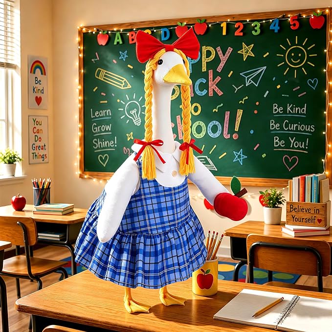 Celltestria Back to School Goose Outfits Porch Goose Costume with Apple Blue Grid Goose Clothes for 23" Geese School Outdoor Patio Yard Lawn Garden Art Decoration