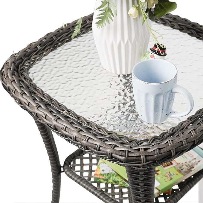 Outdoor Patio Coffee Tables, All Weather Resin Rattan Patio Glass Coffee Table, for Garden Backyard Lown Porch