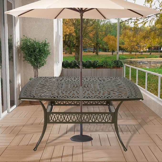 64" Large Outdoor Dining Table with 2.2" Umbrella Hole, Cast Aluminum Outdoor Patio Dining Table for 8 Person, All Weather Large Square Patio Table for Garden Lawn Backyard, Dark Bronze