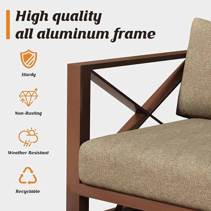 Aluminum Outdoor Patio Furniture Set, 3 Pieces Conversation Set with 5.2 Inch Cushions and Coffee Table, All-Weather Rust-Resistant Frame Conversation Set for Porch, Garden, Backyard, Brown