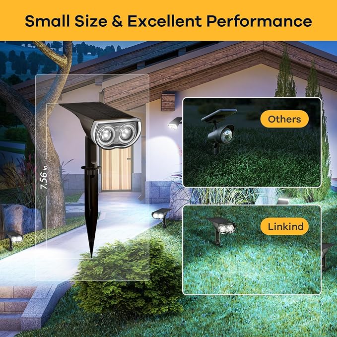 Linkind Solar Spotlights Outdoor Waterproof Dusk to Dawn Cool White 2 Pack | StarrayS Mini, 2 Lighting Modes, 6500K, IP65, Adjustable Head for Landscape Garden Yard Patio Flag Tree Backyard Pathway