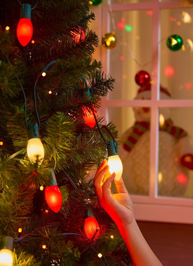 C9 Christmas Lights Outdoor, 100Ft 50 LED Red & Warm White String Lights | Waterproof Shatterproof Connectable Christmas Tree Lights for House Outside Roofline Patio Yard Home Xmas Decorations