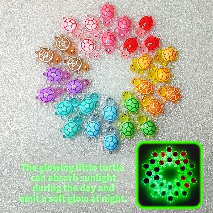 100 Pcs Mini Glow in The Dark 3D Resin Turtles Miniature | Garden Figurines, DIY Dollhouse Fish Tank Fridge Wall Art, Safe Durable Non Fading, 10 Colors