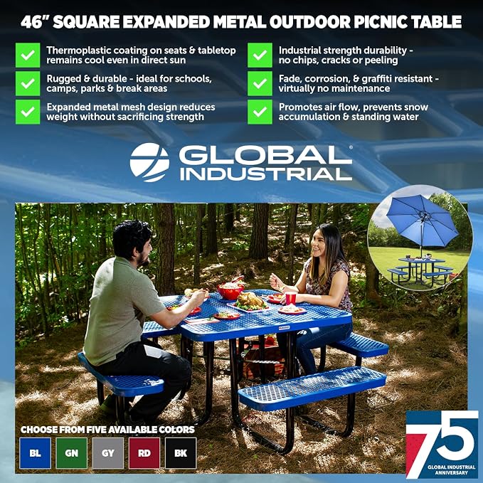 Global Industrial 46" Square Picnic Table, Expanded Metal, Black Thermoplastic Coating, Attached Benches, 1-1/2” Umbrella Pole Hole, Outdoor-Rated, 1000 lb Capacity