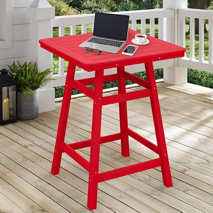 Costaelm Outdoor Bar Table, 37" Counter Height Square Patio Cocktail Bar Table with Umbrella Hole, Patio Bistro Dining Pub Table for Front Porch Deck Backyard Garden, Red