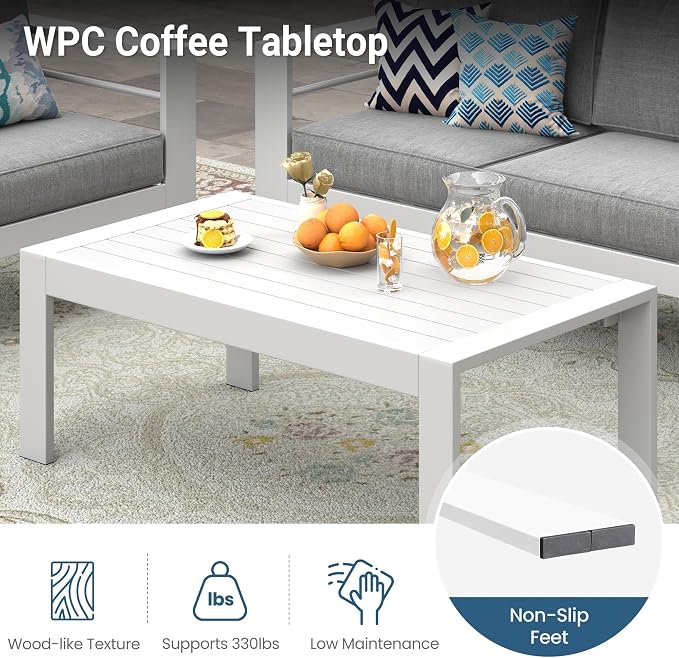 Modern Aluminum Outdoor Coffee Table, All-Weather Metal Rectangle Table for Patio, Balcony or Garden, White