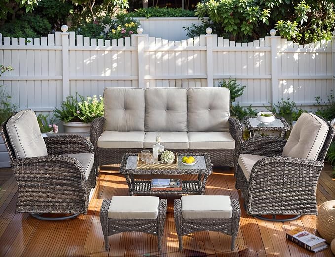 HUMMUH 7-Piece Outdoor Patio Furniture All-Weather PE Wicker Outdoor Conversation Set-Patio Couch Swivel Rocker Chairs with Ottomans Tables for Backyard,Poolside,Deck