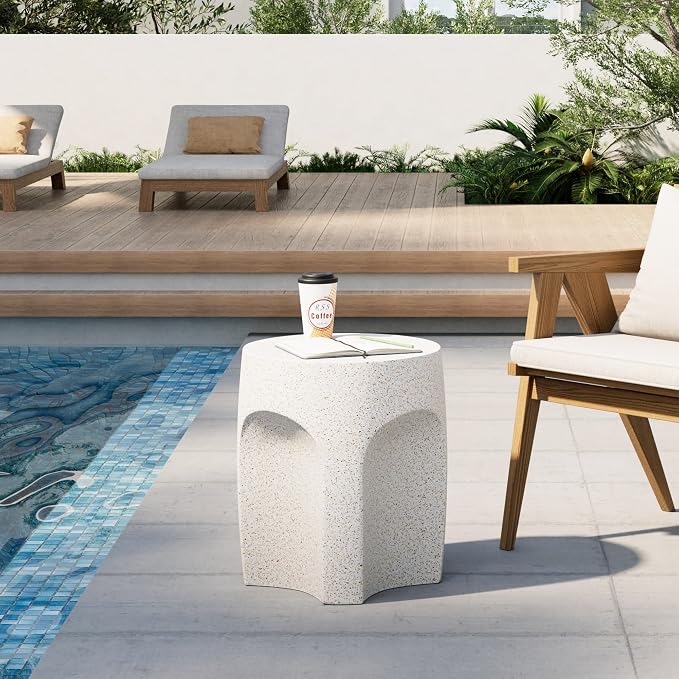 HOMPUS Outdoor Side Table Set of 2, Unique Patio End Table w Arch Shape, Round MgO Lightweight Concrete Accent, Modern Vintage Garden for Indoor Outdoor Use, White