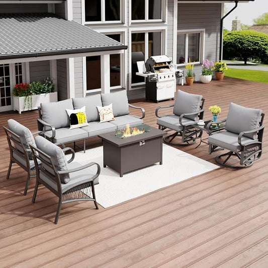7 Piece Patio Furniture Set, All Weather Metal Outdoor Conversation Set with 50000 BTU Propane Fire Pit Table and 5" Thick Cushions, Sectional Sofa for Garden, Porch, Lawn, Grey