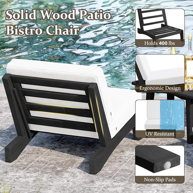 Pia Ricoo Patio Chairs Set of 2, Heavy Duty Wood Patio Furniture Set with Thick Cushions, Bistro Set All-Weather Outdoor Chairs for Balcony, Deck, Poolside, Porch - Beige/Dark