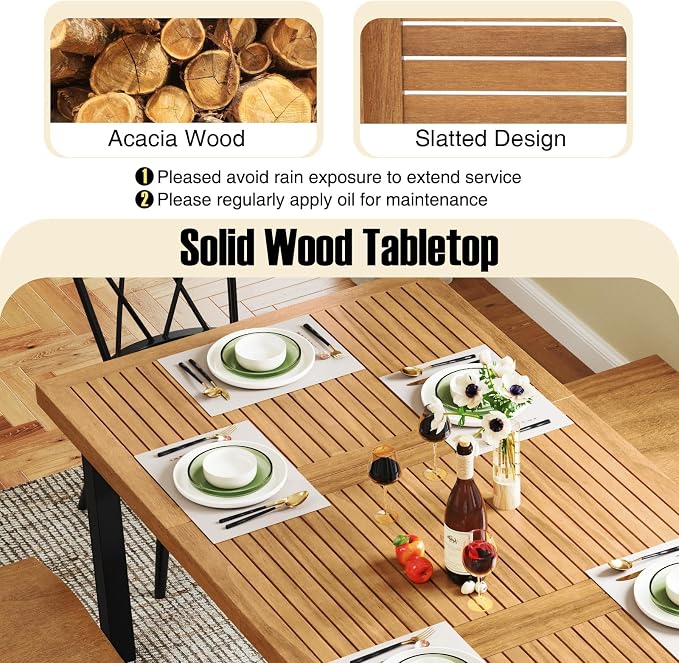 HAPPYGRILL Patio Dining Table for 8, 79" Large Rectangle Table with Acacia Wood Tabletop & Metal Legs, Outdoor Dining Table with 2" Umbrella Hole for Backyard, Lawn & Garden