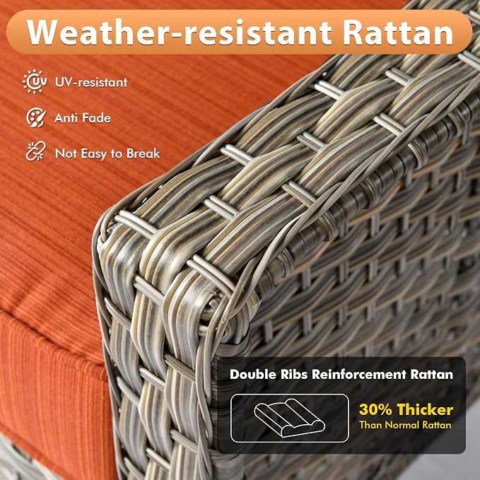 Outdoor Patio Furniture Sets, 4 PCS Patio Conversation Set Outside Rattan Sofa with Solar Light Coffee Table Comfy Cushions Fit Backyard Porch Garden Poolside Balcony,Coarse Stripes Red