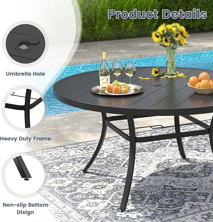 VICLLAX 9 Pieces Patio Outdoor Dining Set, 53" Round Metal Table with Umbrella Hole and 8 Stackable Textilene Chairs for Patio, Lawn, Garden, Porch, Black/Grey