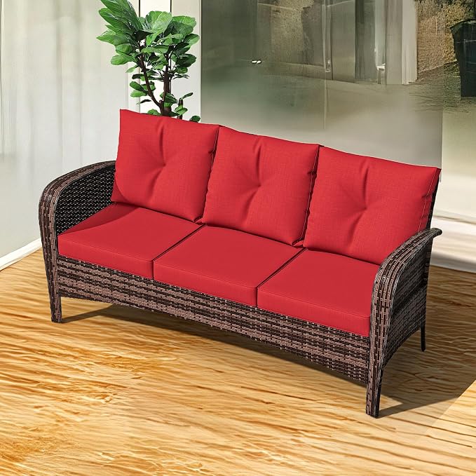 73" Patio 3-seat Sofa, Wicker Rattan Couch, Steel Frame Deep Seat Loveseat, Outdoor Conversation Furniture with Removable Cushions for Garden, Apartment, Front Porch (Red)