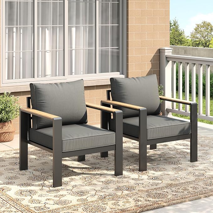 Garvee Aluminum Outdoor Patio Furniture Single Cushioned Sofa Armchair 2 Pcs, All-Weather Metal Outside Furniture with Washable Thick Cushion Sofa for Garden Balcony Deck Backyard, Dark Grey