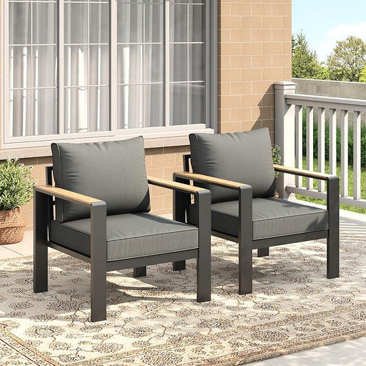 Garvee Aluminum Outdoor Patio Furniture Single Cushioned Sofa Armchair 2 Pcs, All-Weather Metal Outside Furniture with Washable Thick Cushion Sofa for Garden Balcony Deck Backyard, Dark Grey