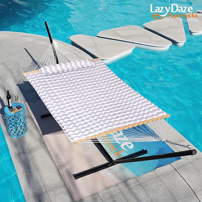 Lazy Daze 12 FT Quilted Hammock with Spreader Bar, 2-Person Double Hammock for Outside Patio Poolside Backyard Beach, 450 lbs Capacity, Gray Wave