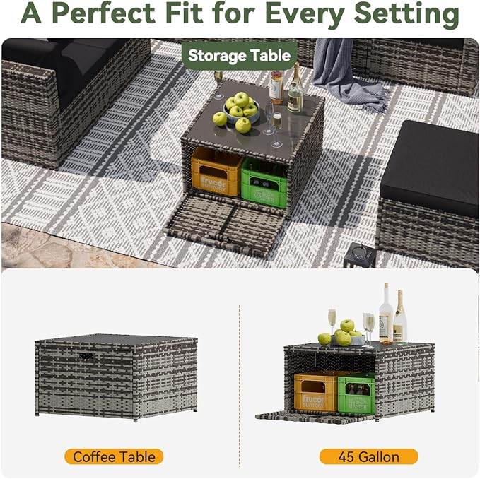 Aoxun 7 Piece Patio Furniture Set, All-Weather Wicker Outdoor Furniture 6 Seats Patio Conversation Sets with Storage Coffee Table, Outdoor Sectional Sofas for Backyard Garden(Grey/Black)