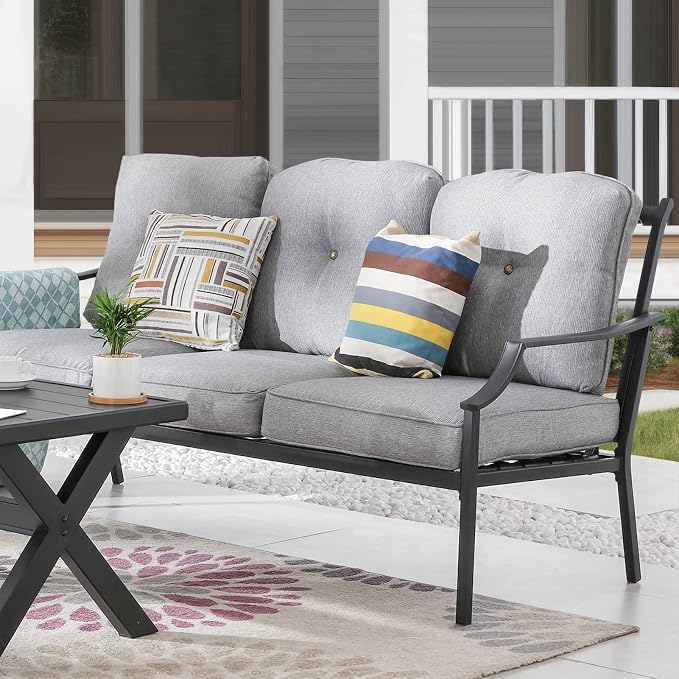 Patio Conversation Set Metal Outdoor Furniture Sets 3-Seater Sofa with Metal Coffee Table Thick Cushions (Grey)