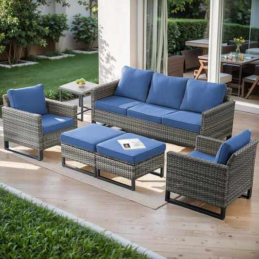 Luxury Wicker Outdoor Patio Furniture Set - 6 Piece Patio Conversation Set with 2 Armrest Chairs,2 Rattan Ottoman,1 Couch and 1 Metal Side Table for Outside Porch Deck Backyard(Mixed Grey/Blue)