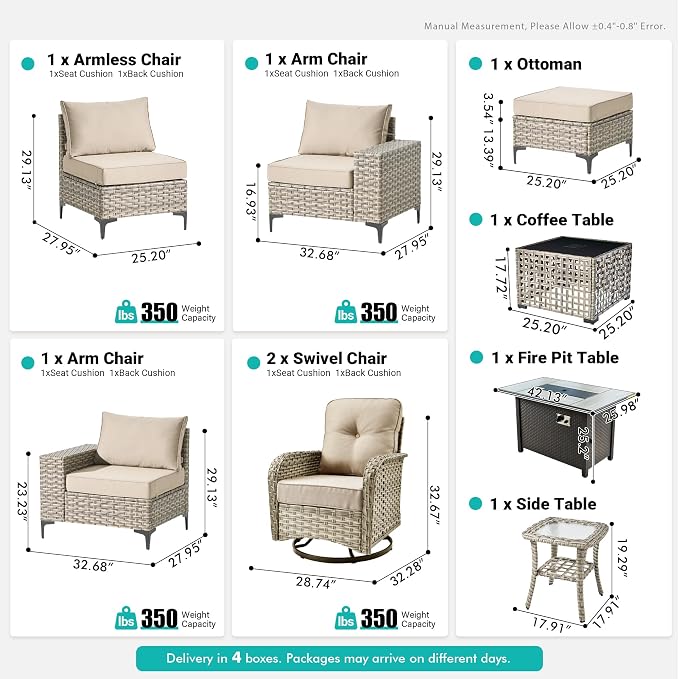 9 Pcs Patio Outdoor Furniture Set - All Weather Wicker Outdoor Sectional Sofa Couch with Swivel Fire Pit Table and Rocking Chairs e,Patio Rattan Conversation Set for Garden Deck Yard,Beige