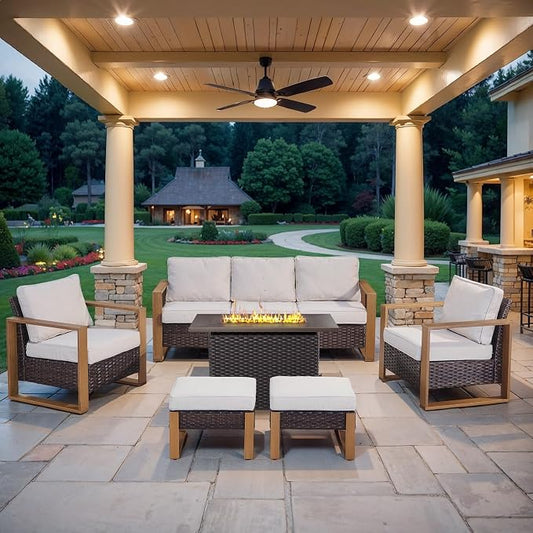 Belord 6 Piece Outdoor Patio Furniture Set with Propane Fire Pit Table, Wicker Patio Conversation Set with2 Patio Wicker Chairs Rattan Sofa and Removable 4" Thick Cushions for Deck Backyard